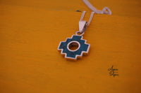 chakana inca cross pendant necklace, 2 cm large, double face turquoise 950 silver