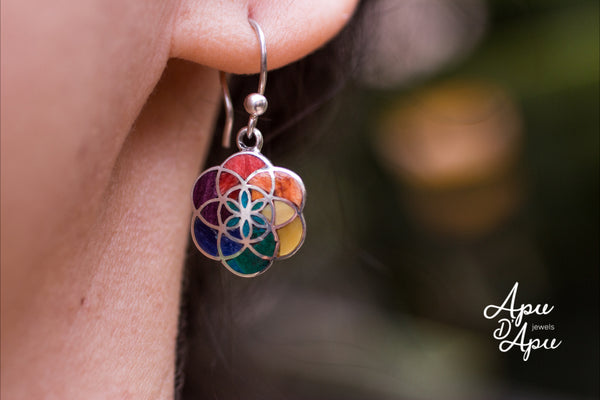 flower of life silver dangle drop earrings with 7 chakra colors - Peru