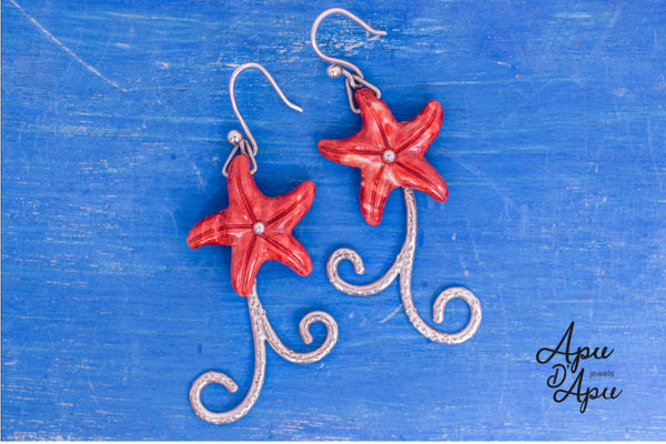unique red starfish earrings silver handmade