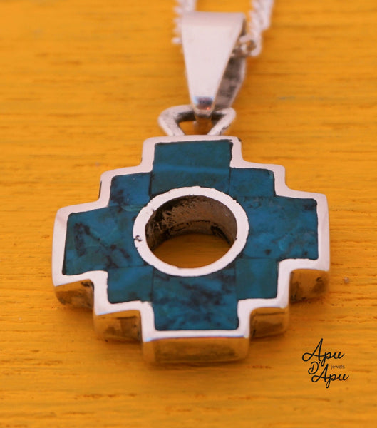 chakana inca cross pendant necklace, 2 cm large, double face turquoise 950 silver