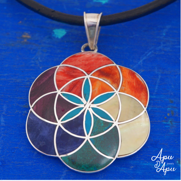 flower of life pendant neckace, silver with colorful stones