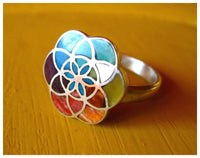 7 chakra flower of life adjustable silver ring