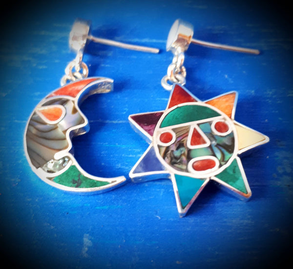 mismatched sun and moon earrings peruvian silver inca earrings asymmetrical nature thamed earrings one of a kind proposal gift crescent moon