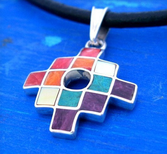 small inca cross chakana pendant silver, colorful chacana pendant Peru