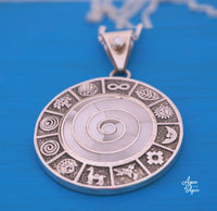 pachamama pendant large, with Inca calendar around, 950 silver, mother of pearl