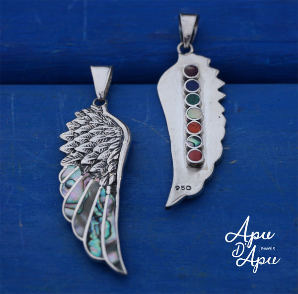 angel wing pendant , feather pendant silver inlay, valentines for him